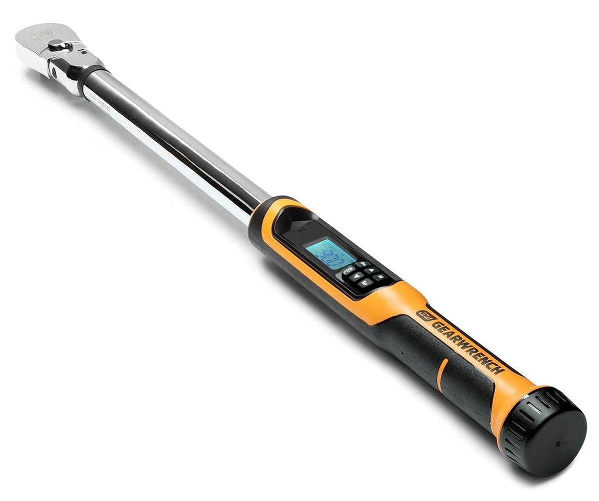 GearWrench digital torque wrench with display and ergonomic rubber grip, designed for precision fastening tasks.