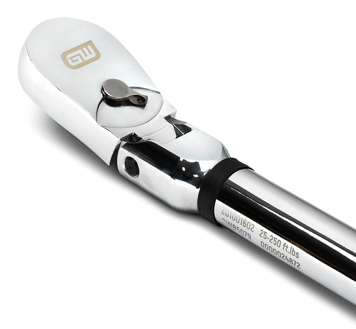 Close-up of ratchet head and handle of GearWrench torque wrench with engraved “25–250 ft.lbs” marking.