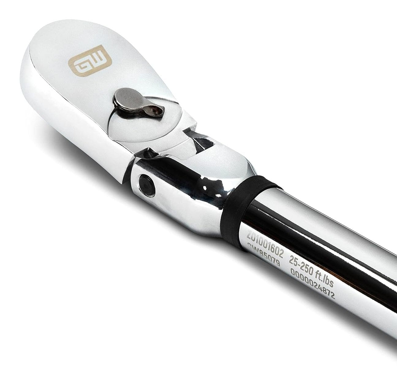Close-up of ratchet head and handle of GearWrench torque wrench with engraved “25–250 ft.lbs” marking.
