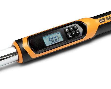 Close-up of GearWrench digital torque wrench showing “90.0 lb.in” on screen with labeled control buttons.