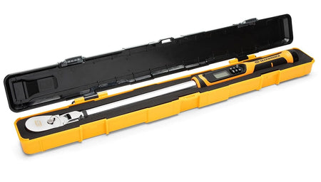 GearWrench digital torque wrench stored in a yellow and black molded case with visible display and ratcheting head.


