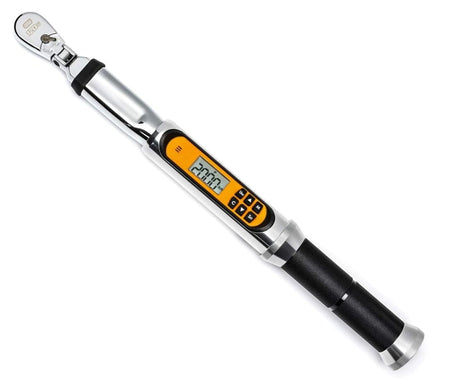 A full-length, high-angle studio shot of the GEARWRENCH 85194 1/4-inch drive electronic torque wrench, showing the 120XP flex head and digital display.