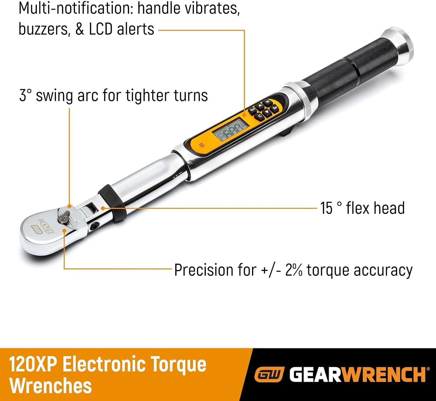 A feature callout diagram of the GEARWRENCH 1/4-inch drive electronic torque wrench, highlighting its 3-degree swing arc, 15-degree flex head, and multi-notification alerts.