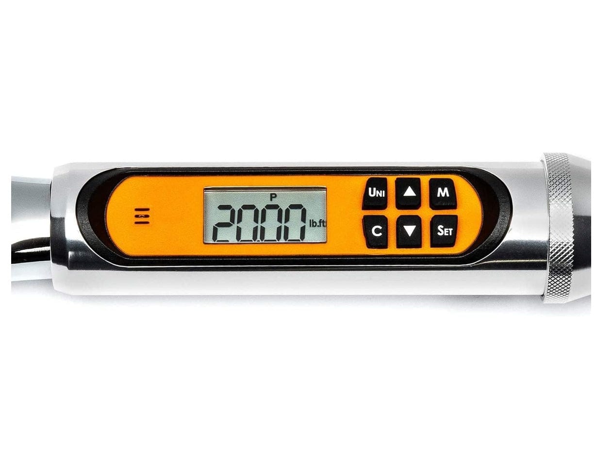 A close-up studio shot of the digital display and control buttons on the GEARWRENCH electronic torque wrench.