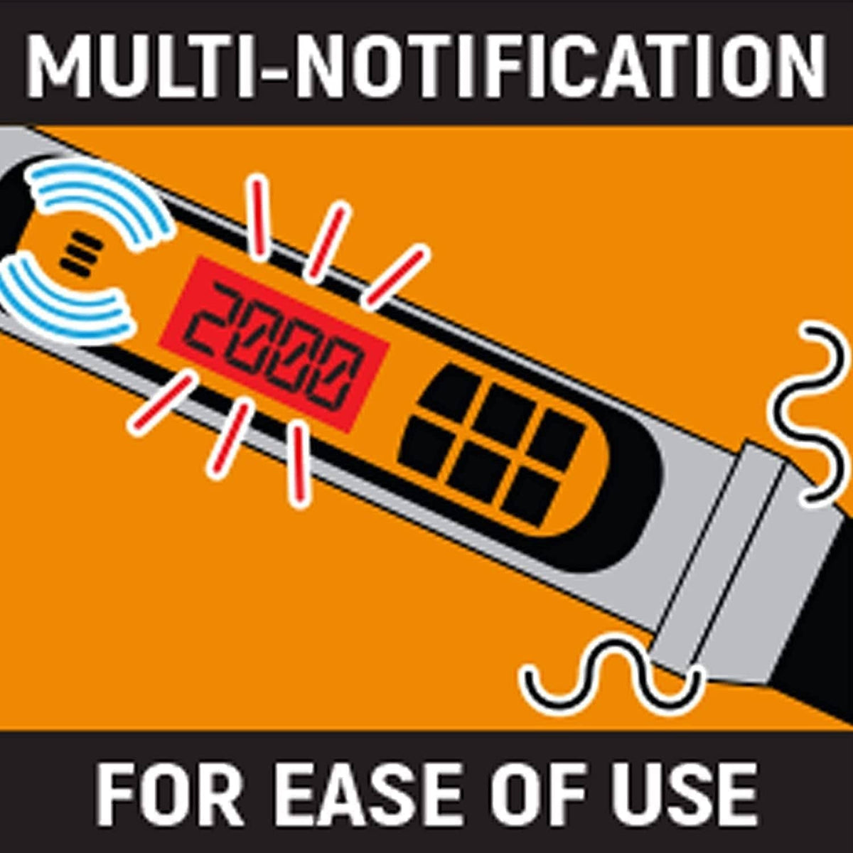 A graphic icon illustrating the multi-notification system, including a vibrating handle, buzzer, and LCD alerts.