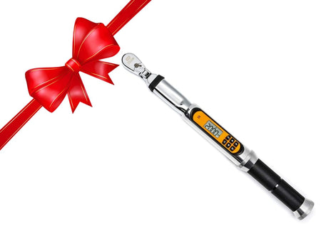 A full-length, high-angle studio shot of the GEARWRENCH 85194 1/4-inch drive electronic torque wrench, showing the 120XP flex head and digital display on a white background with a bow in the corner.