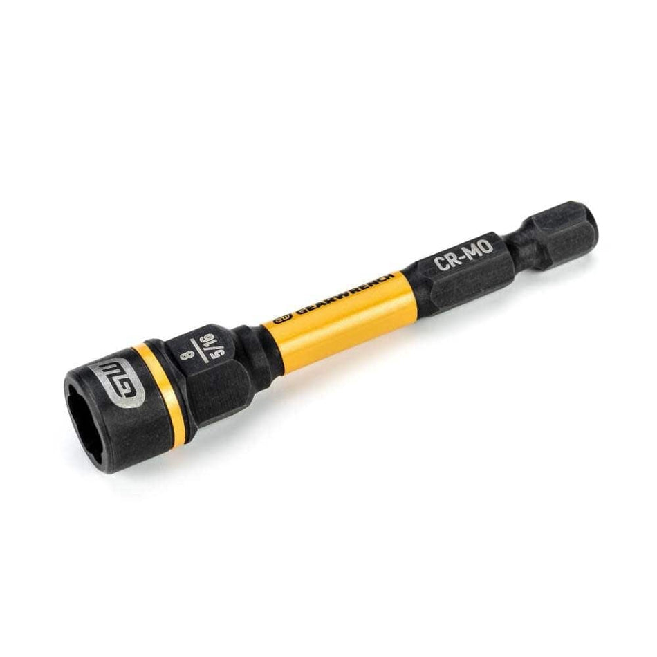 A studio shot of the GearWrench 86177 Bolt Biter nut extractor and driver featuring a high-torque torsion zone, a black and yellow industrial finish, and a Chrome Molybdenum steel body designed for the removal of damaged 8mm or 5/16 inch fasteners.