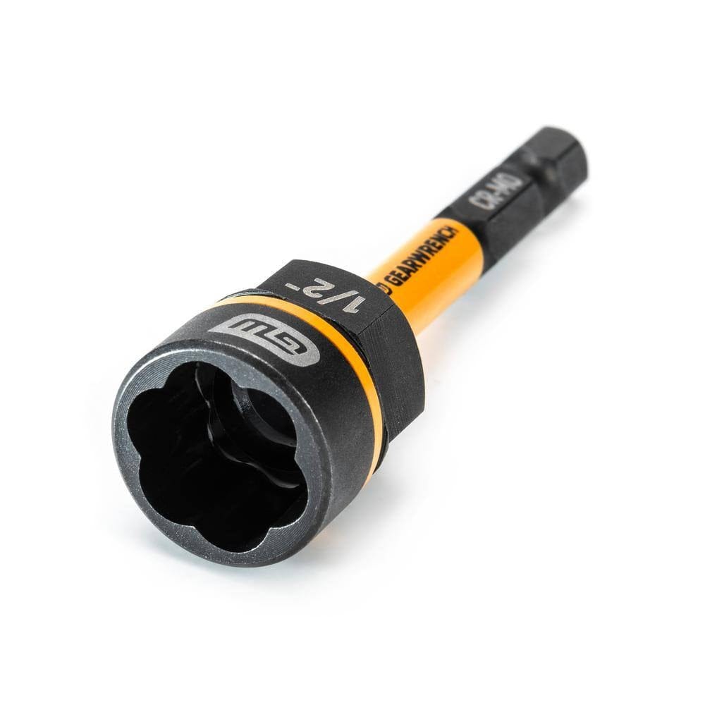 A close-up view looking into the specialized gripping flutes of the 1/2-inch Bolt Biter nut driver, showcasing the bi-directional tapered entry design that allows for both tightening and loosening of rounded-off hardware.