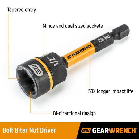 An informative product graphic for the Bolt Biter nut driver highlighting its tapered entry, minus and dual-sized socket compatibility, bi-directional design, and 50X longer impact life.
