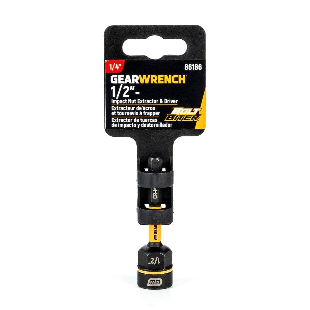 The professional retail hang-tab packaging for the GearWrench 86186 Bolt Biter, identifying it as a 1/4-inch drive compatible 1/2-inch impact nut extractor and driver with bi-directional functionality.