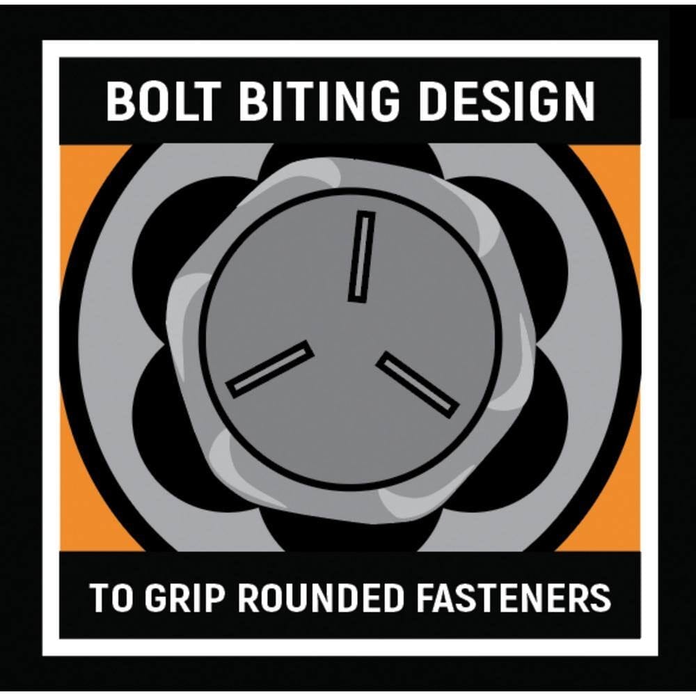 A technical graphic illustrating the internal Bolt Biting design, showing how the specialized flutes engage and grip the flats of rounded fasteners for successful extraction.