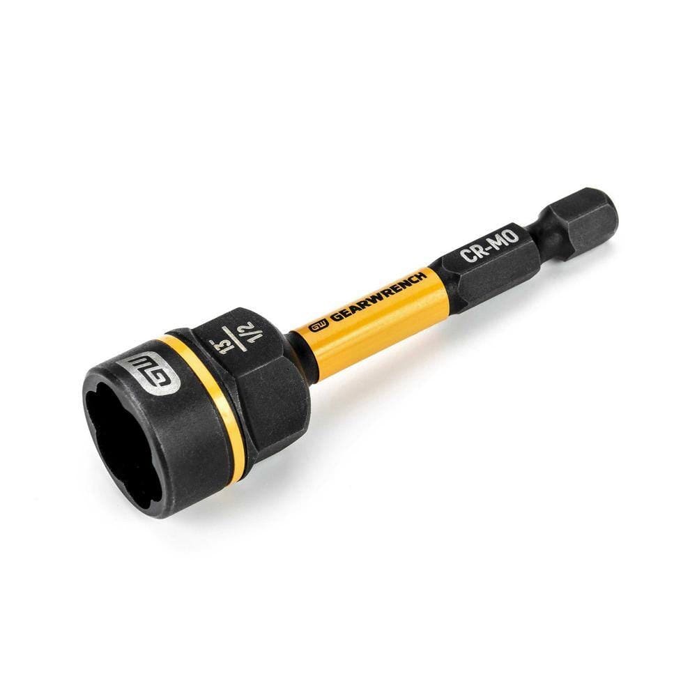 A studio shot of the GearWrench 86187 Bolt Biter 13mm and 1/2-inch impact nut extractor driver featuring a high-torque torsion zone, professional black and yellow industrial finish, and Chrome Molybdenum steel construction for removing damaged fasteners.