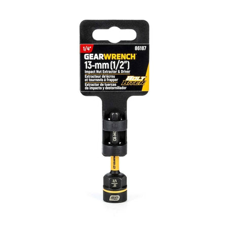 The professional retail hang-tab packaging for the GearWrench 86187 Bolt Biter, identifying it as a 1/4-inch drive compatible 13mm and 1/2-inch impact nut extractor and driver for master technicians.