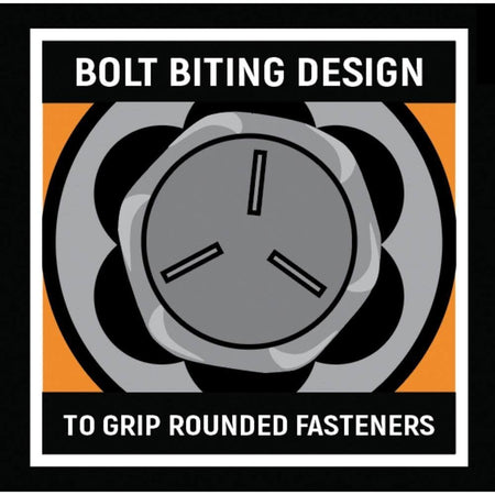 A technical graphic illustrating the internal Bolt Biting design, demonstrating how the specialized flutes engage and grip the flats of rounded fasteners for a successful, non-slip extraction.