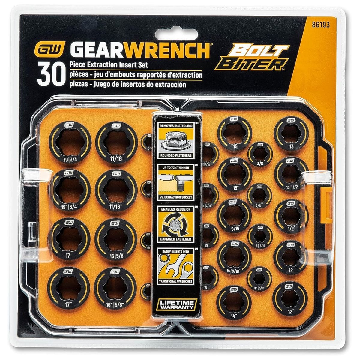 Retail packaging of the GearWrench 30-piece Bolt Biter extraction insert set, featuring descriptive icons that highlight its 70 percent thinner profile and ability to remove rusted or rounded fasteners.