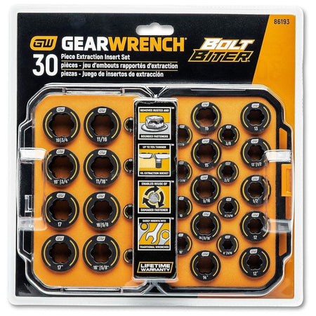 Retail packaging of the GearWrench 30-piece Bolt Biter extraction insert set, featuring descriptive icons that highlight its 70 percent thinner profile and ability to remove rusted or rounded fasteners.
