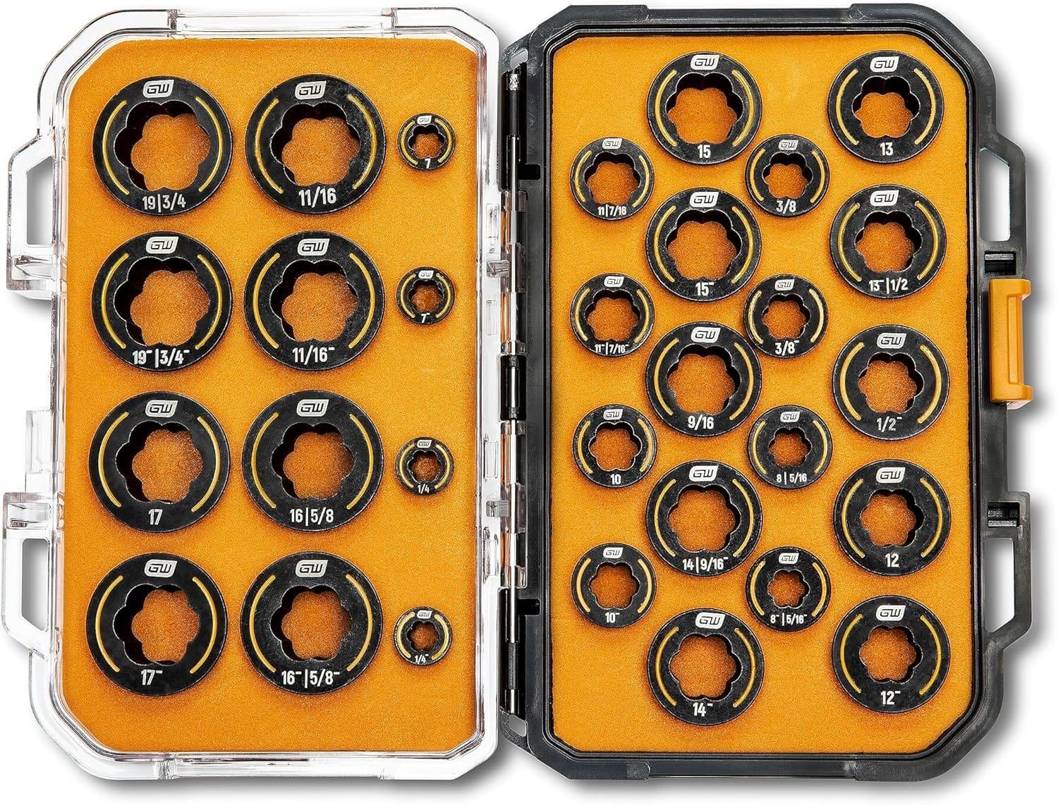 Top-down view of the open GearWrench 86193 Bolt Biter set, displaying 30 assorted SAE and metric extraction inserts neatly organized in a high-visibility orange foam tray within a black and clear protective case.
