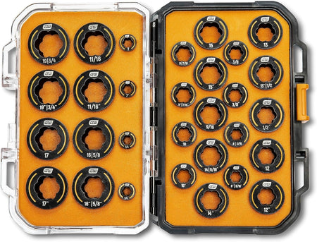 Top-down view of the open GearWrench 86193 Bolt Biter set, displaying 30 assorted SAE and metric extraction inserts neatly organized in a high-visibility orange foam tray within a black and clear protective case.