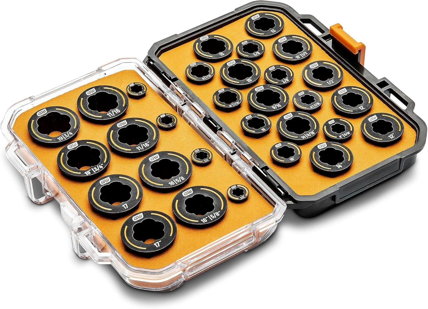 An angled perspective of the open GearWrench Bolt Biter wrench insert set, showcasing the slim profile of the chrome molybdenum extraction tools designed for removing rounded and frozen fasteners in tight spaces.