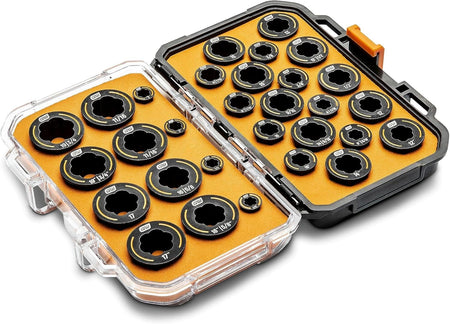 An angled perspective of the open GearWrench Bolt Biter wrench insert set, showcasing the slim profile of the chrome molybdenum extraction tools designed for removing rounded and frozen fasteners in tight spaces.