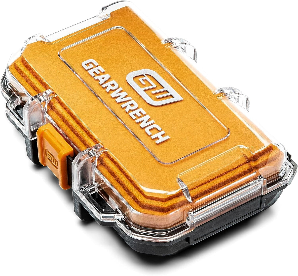 The GearWrench 86193 set in its closed, compact storage case, featuring a clear lid with the GearWrench logo and a secure orange latch for easy transport and jobsite organization.