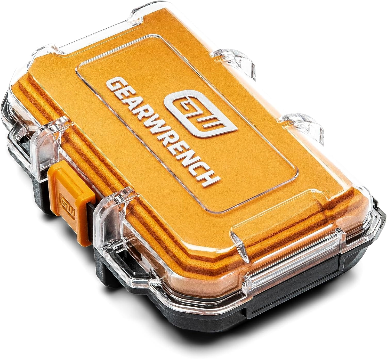 The GearWrench 86193 set in its closed, compact storage case, featuring a clear lid with the GearWrench logo and a secure orange latch for easy transport and jobsite organization.