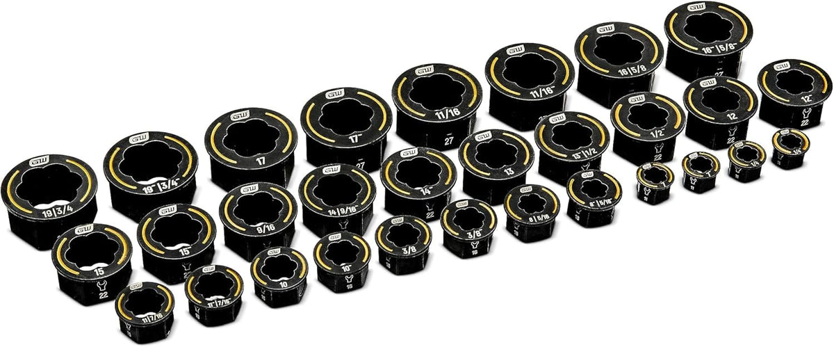 A comprehensive lineup of all 30 GearWrench Bolt Biter inserts, illustrating the wide range of SAE and metric sizes and the tapered entry design that enables easy seating on damaged bolts.