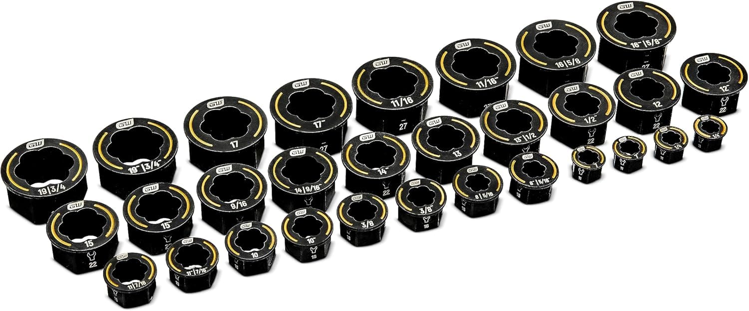A comprehensive lineup of all 30 GearWrench Bolt Biter inserts, illustrating the wide range of SAE and metric sizes and the tapered entry design that enables easy seating on damaged bolts.