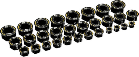 A comprehensive lineup of all 30 GearWrench Bolt Biter inserts, illustrating the wide range of SAE and metric sizes and the tapered entry design that enables easy seating on damaged bolts.