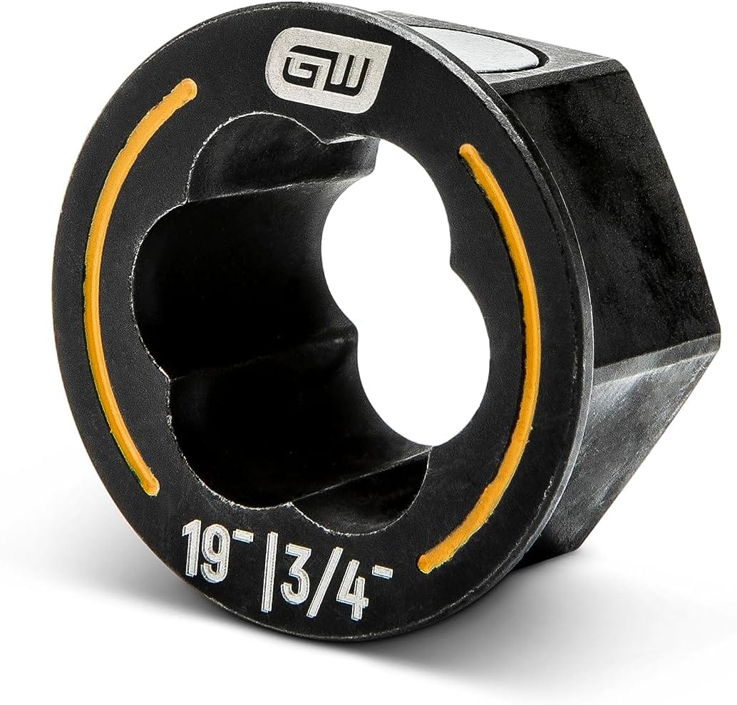 Close-up view of a single GearWrench Bolt Biter wrench insert, highlighting the 19mm and 3/4 inch dual-size laser markings and the specialized internal gripping teeth for bi-directional extraction.
