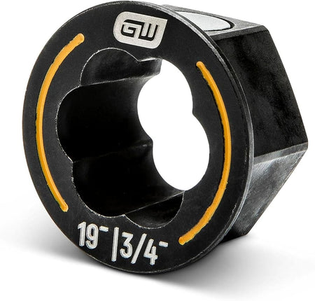 Close-up view of a single GearWrench Bolt Biter wrench insert, highlighting the 19mm and 3/4 inch dual-size laser markings and the specialized internal gripping teeth for bi-directional extraction.