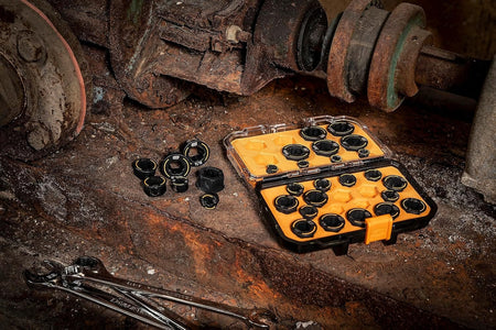 The GearWrench 86193 set displayed in a rugged industrial environment alongside other professional tools, emphasizing its durability and effectiveness for heavy-duty maintenance and repair.