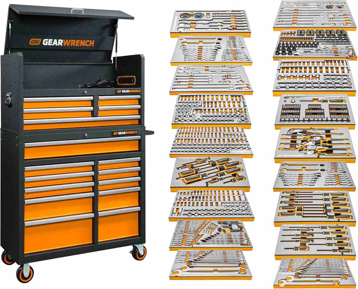GearWrench tool chest with top lid and 18 vertically displayed modular trays containing organized sets of sockets, wrenches, screwdrivers, pliers, and hex keys.