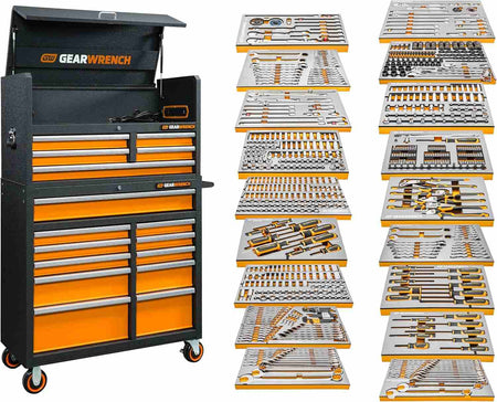 GearWrench tool chest with top lid and 18 vertically displayed modular trays containing organized sets of sockets, wrenches, screwdrivers, pliers, and hex keys.