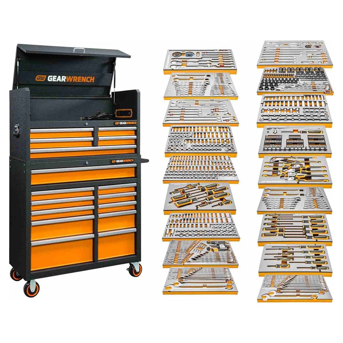 GearWrench tool chest with top lid and 18 vertically displayed modular trays containing organized sets of sockets, wrenches, screwdrivers, pliers, and hex keys.