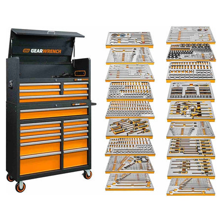 GearWrench tool chest with top lid and 18 vertically displayed modular trays containing organized sets of sockets, wrenches, screwdrivers, pliers, and hex keys.