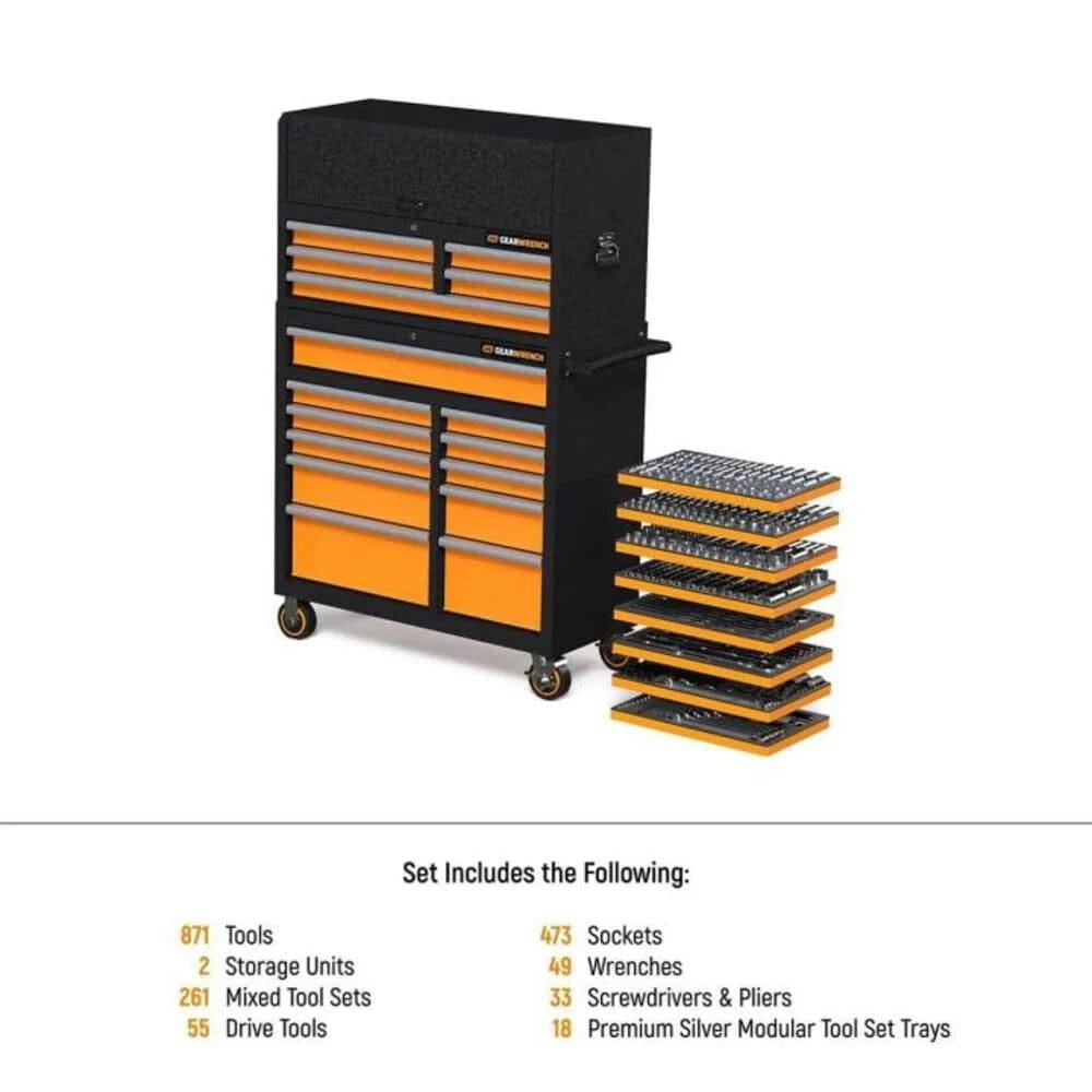 GearWrench MEGAMOD873 tool system display featuring two storage units and nine stacked modular trays containing sockets, wrenches, screwdrivers, and pliers.