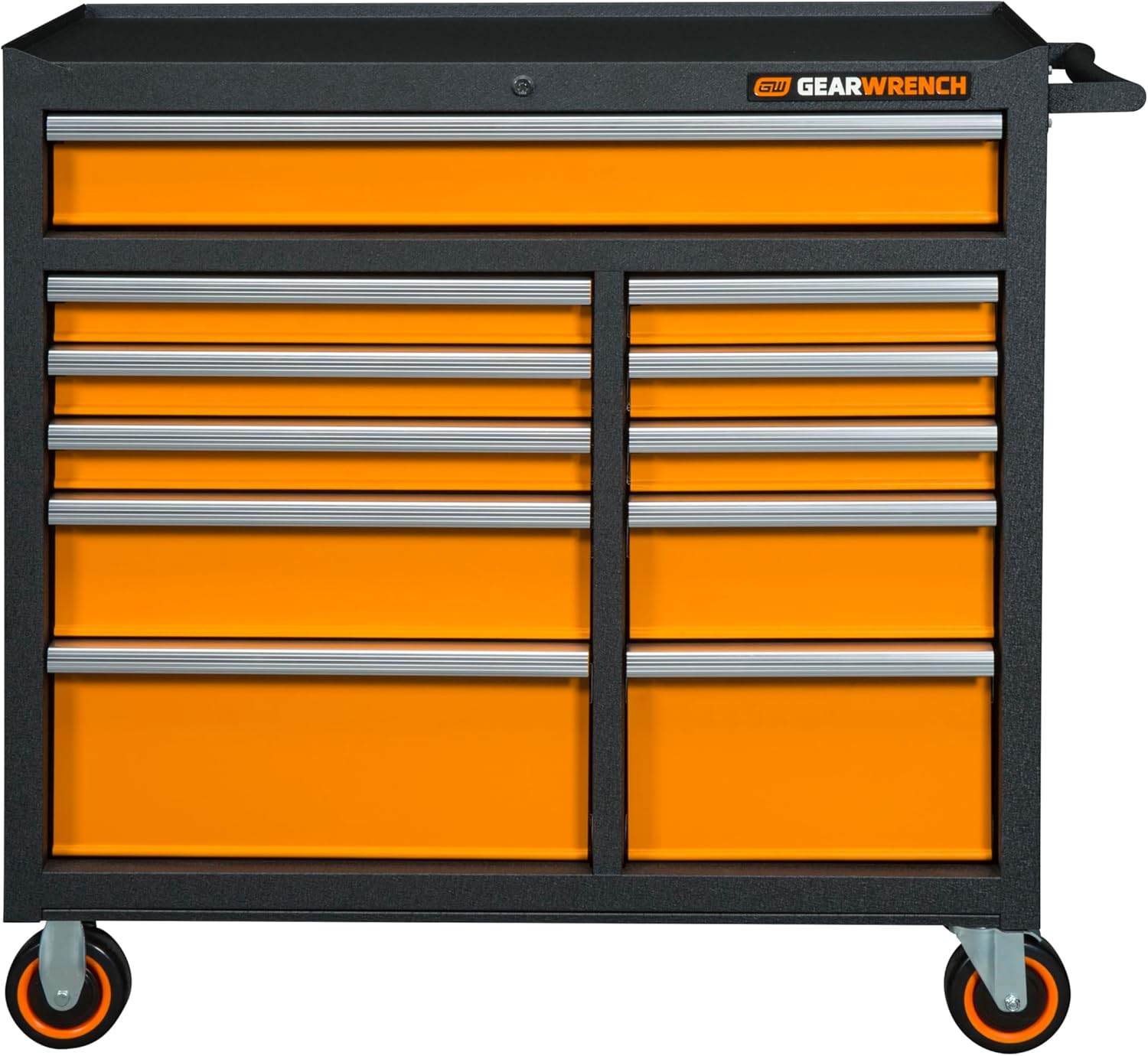 GearWrench rolling tool cabinet with black frame and orange drawers, featuring multiple compartments and caster wheels, designed for professional-grade tool organization.