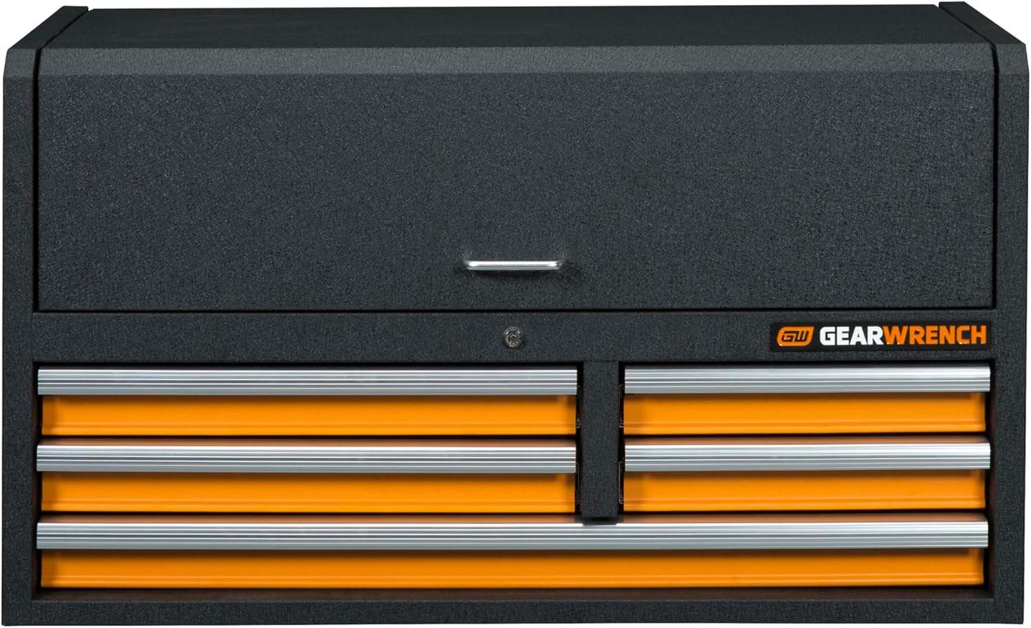 GearWrench top chest tool cabinet with six orange drawers and silver handles, black textured finish, and central lock, designed for secure and organized tool storage