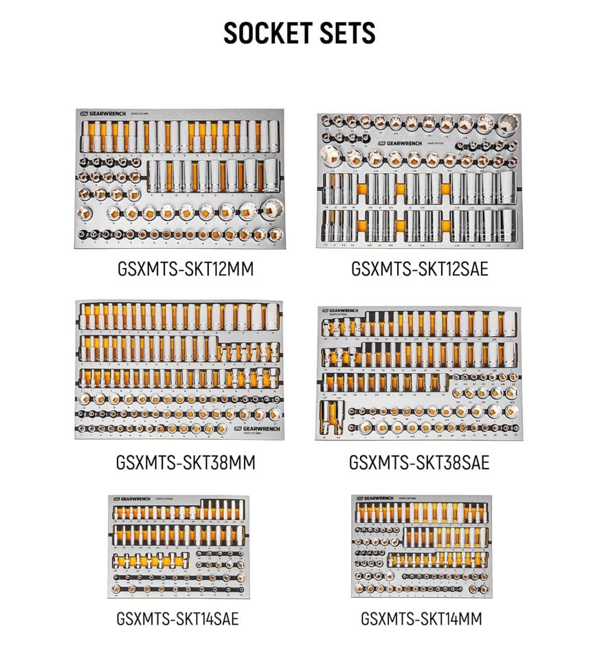Six GearWrench socket sets arranged in a grid layout under the heading "SOCKET SETS," labeled by model number and measurement system, including SAE and metric options in 1/4", 3/8", and 1/2" drive sizes.