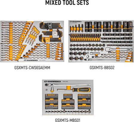 Three GearWrench mixed tool sets in foam trays labeled GSXMTS-CWS6SAEMM, GSXMTS-BBS02, and GSXMTS-MBS01, featuring combination wrenches, sockets, bits, and screwdriver handle with interchangeable heads.