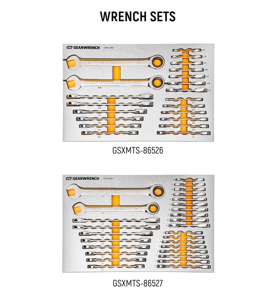 Two GearWrench wrench sets in metal trays labeled GSXMTS-86526 and GSXMTS-86527, featuring fractional and metric wrenches organized by size with ratcheting ends.