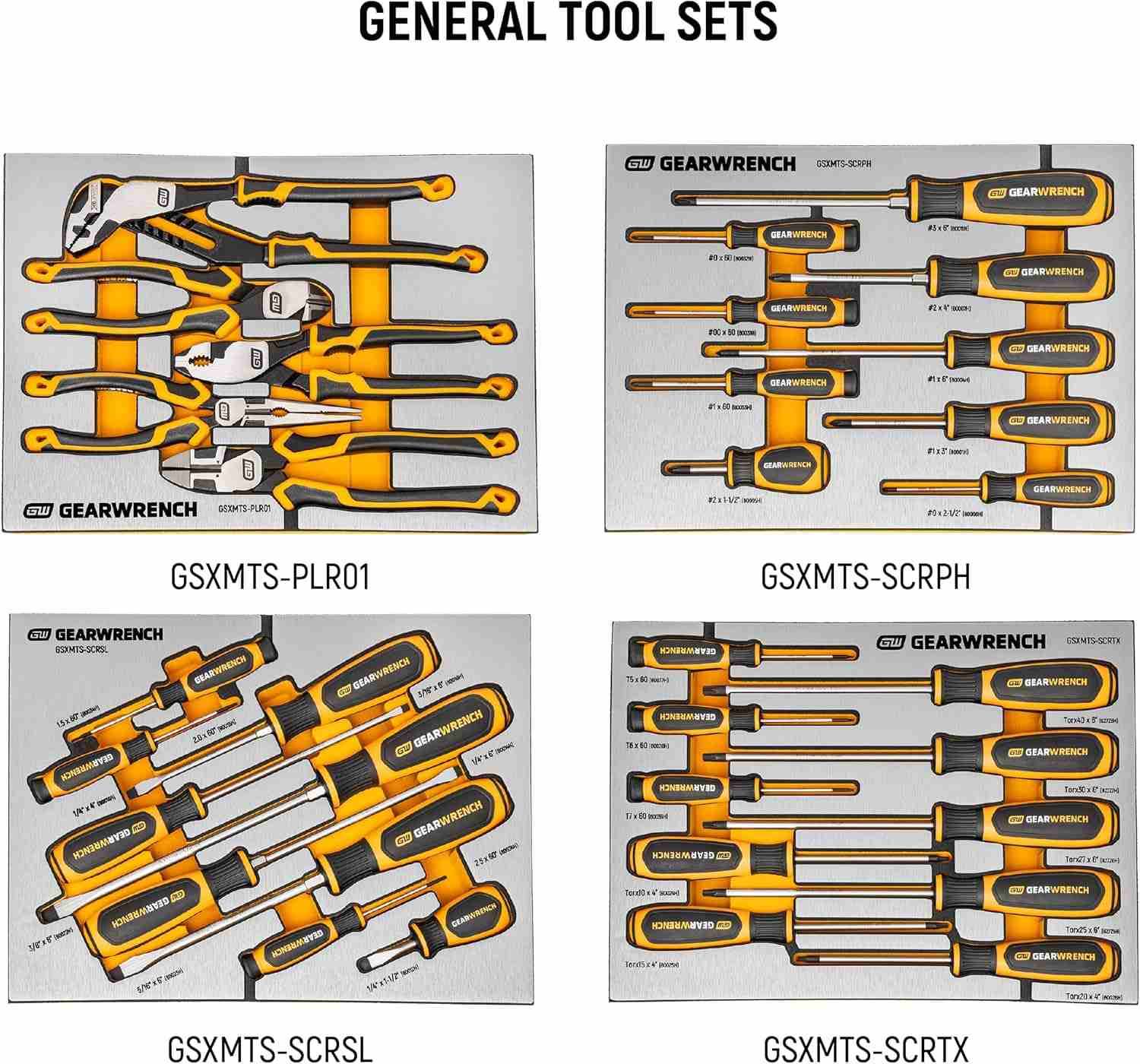 Four GearWrench general tool sets in foam trays labeled GSXMTS-PLR01, GSXMTS-SCRPH, GSXMTS-SCRSL, and GSXMTS-SCRTX, featuring pliers, Phillips, slotted, and Torx screwdrivers organized by size.