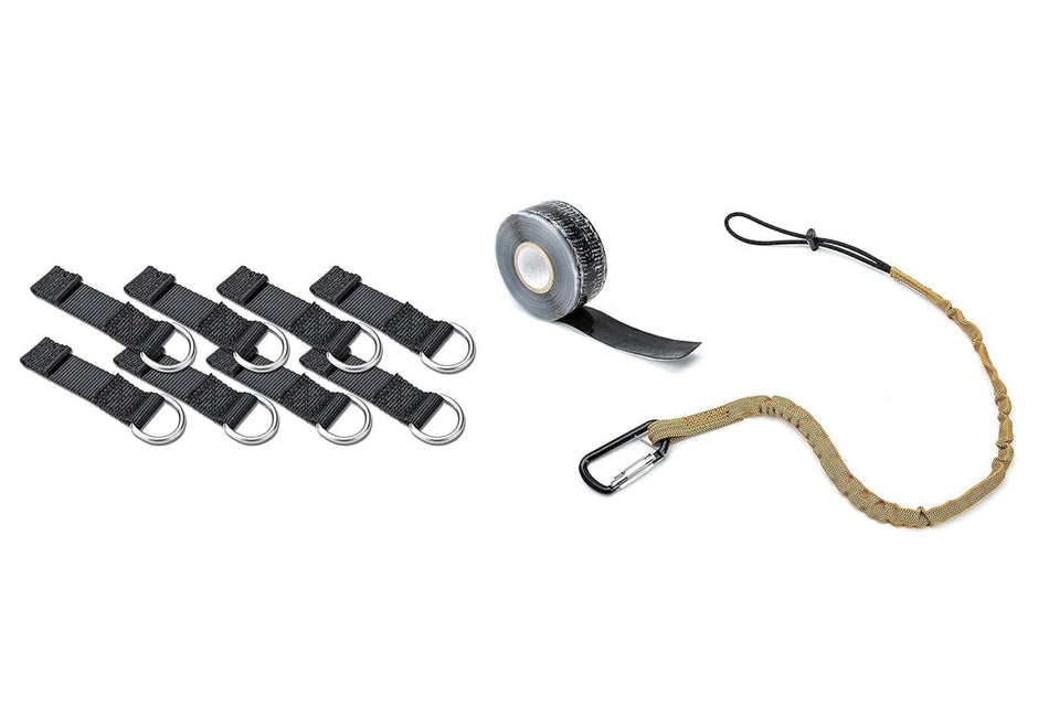 Studio view of the complete 10-piece tethering kit displaying eight black D-ring web tethers, one roll of self-sealing tether tape, and one molten orange safety lanyard.