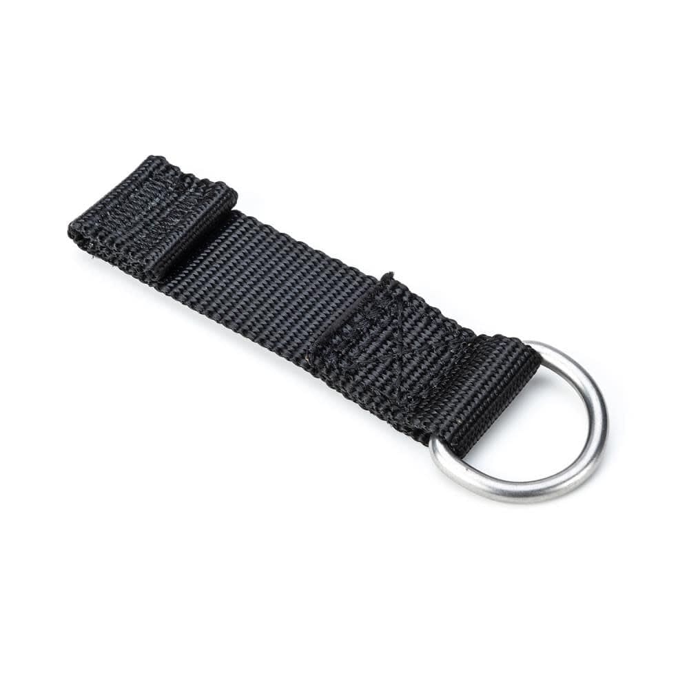 Close-up studio view of a single black D-ring web tether showing the heavy-duty polyester stitching and the metal ring attachment point.