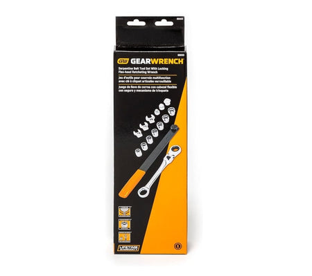 Front view of the retail packaging box for the GearWrench 89000 Serpentine Belt Tool Set, featuring product images and key features in English, French, and Spanish.
