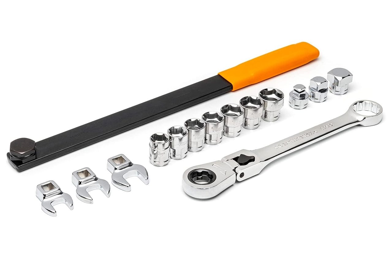 Complete 15-piece set displayed, including the long black extension bar with orange handle, chrome locking flex-head ratcheting wrench, three drive adapters, three crowfoot wrenches, and seven 6-point sockets.