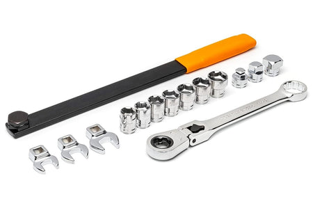 Complete 15-piece set displayed, including the long black extension bar with orange handle, chrome locking flex-head ratcheting wrench, three drive adapters, three crowfoot wrenches, and seven 6-point sockets.
