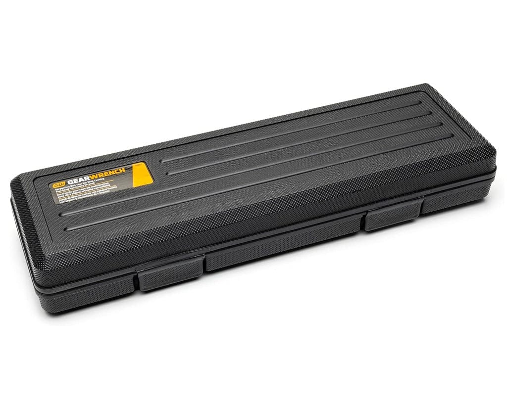 Closed black blow-mold storage case with a textured surface and yellow GearWrench label.