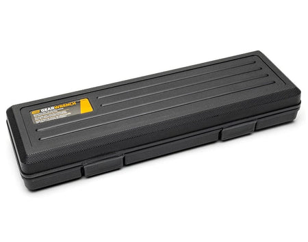 Closed black blow-mold storage case with a textured surface and yellow GearWrench label.
